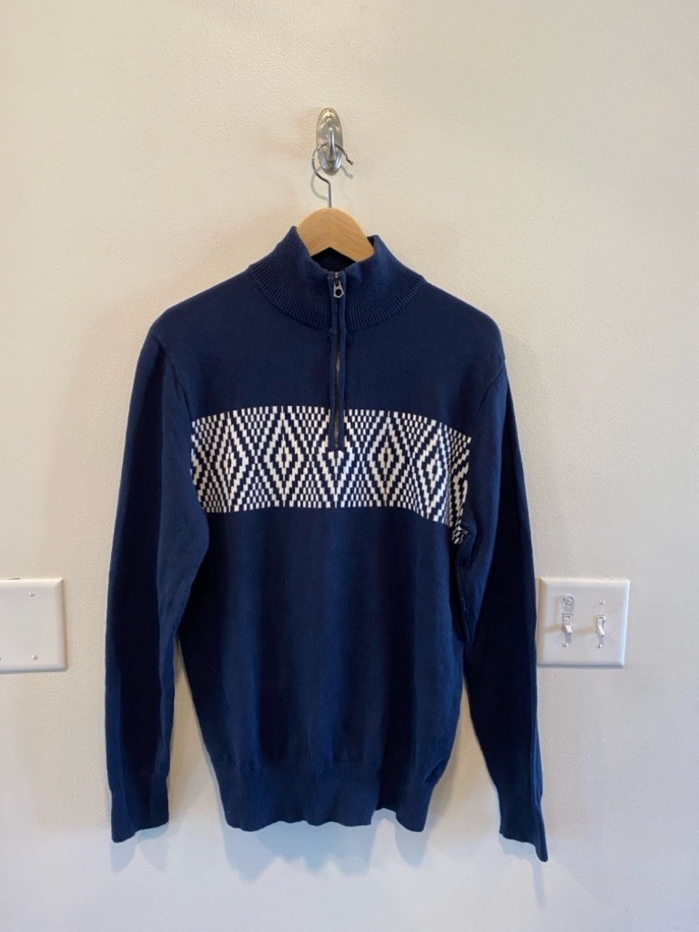 J.Crew Mens 1/4 zip heritage sweater 100% cotton navy preppy pullover fair isle